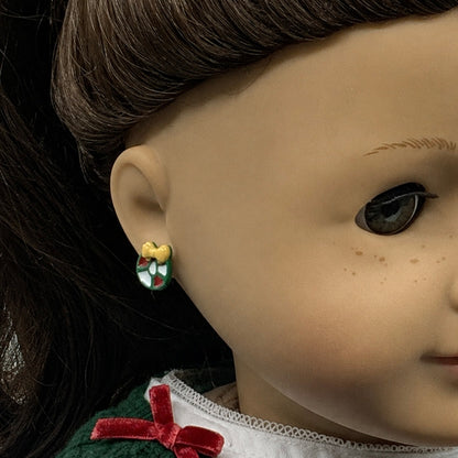 Holiday Christmas Wreath post stud doll earrings • 2mm silver post • EARRING POSTS ARE 2mm DIAMETER - for dolls with 2mm (drilled) pierced ears • Earrings shown on 18" American Girl doll