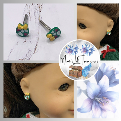 Holiday Christmas Wreath post stud doll earrings • 2mm silver post • EARRING POSTS ARE 2mm DIAMETER - for dolls with 2mm (drilled) pierced ears • Earrings shown on 18" American Girl doll