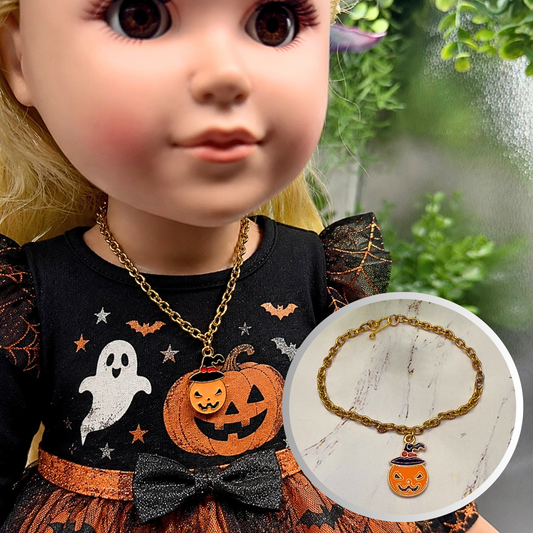 Jack-O-Lantern Halloween Pumpkin Charm Gold Chain Doll Necklace