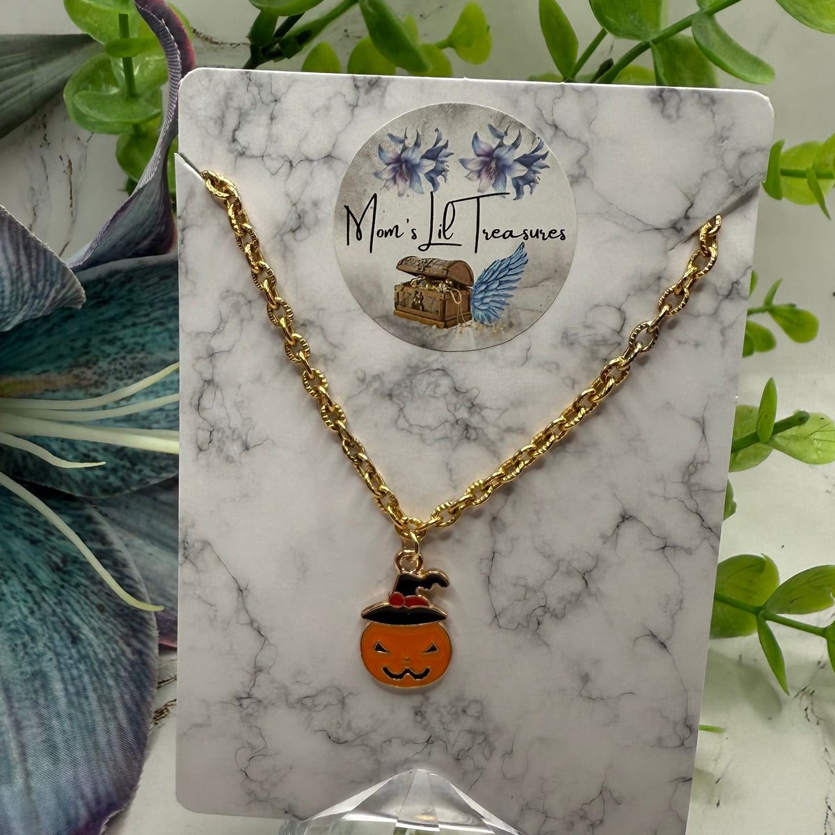 Jack-O-Lantern Halloween Pumpkin Charm Gold Chain Doll Necklace