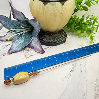 ✨ Handmade Vintage-Inspired Hatpin | Stick Pin | Hat Accessory | Sweater & Hijab Pin | Decorative Jewelry Gift for Her ✨

Large Rounded Rectangular Acrylic Ivory Color Central Bead Gold Tone Filigree Amber Color Faceted Glass Crystal Hatpin - 7.25 Inch