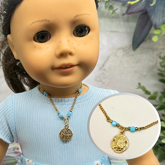 Handmade Doll Jewelry Designed to Fit popular 18 Inch Fashion Dolls: add a little “Summer Fun ☀️ Beachy Style 🏝️” to your favorite doll! Light Blue Bead Gold Starfish Sand Dollar Charm Doll Necklace