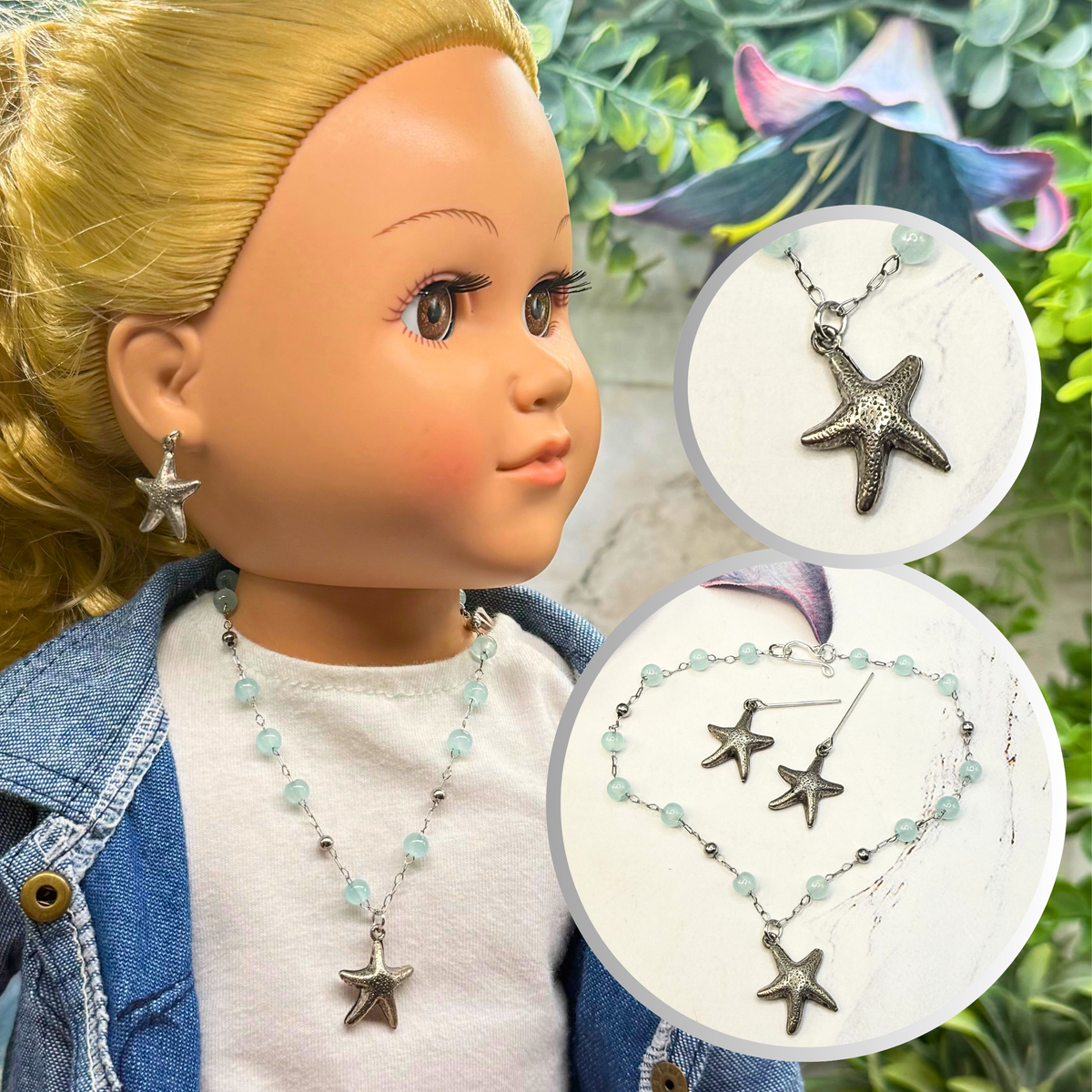 ✨Handmade Doll Jewelry Designed to Fit popular 18 Inch Fashion Dolls: add a little “Summer Fun ☀️ Beachy Style 🏝️” to your favorite doll!✨

Light Blue Beaded Silver Chain Starfish Charm Doll Necklace & Earrings Set