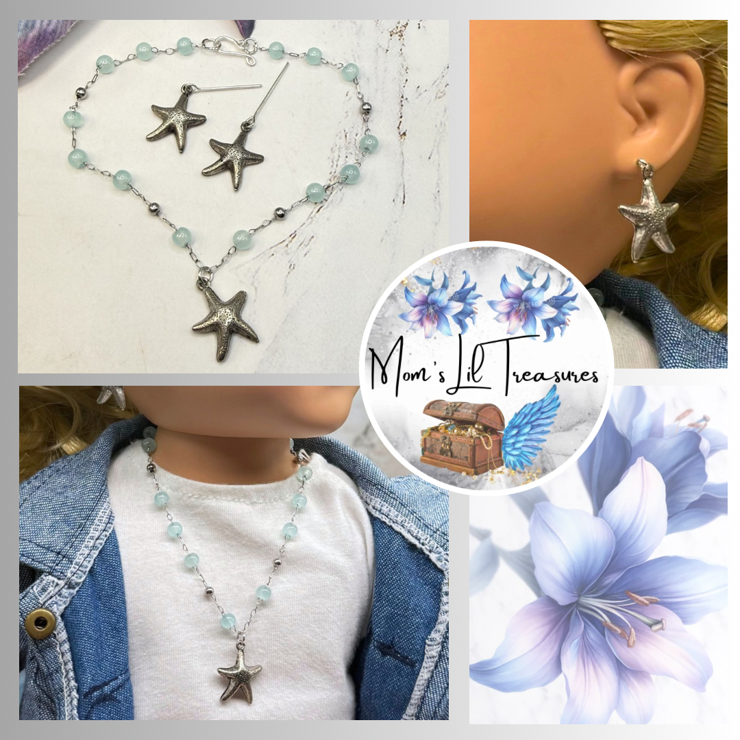 ✨Handmade Doll Jewelry Designed to Fit popular 18 Inch Fashion Dolls: add a little “Summer Fun ☀️ Beachy Style 🏝️” to your favorite doll!✨

Light Blue Beaded Silver Chain Starfish Charm Doll Necklace & Earrings Set