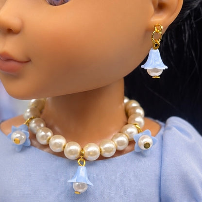 Handmade Doll Jewelry Designed to Fit popular 14 Inch Fashion Dolls: add a stylish touch to your favorite doll! Light Blue Bell Flower Dangle Pearl Beaded Doll Necklace & Earrings Set