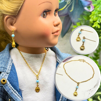 ✨ Handmade Doll Jewelry Designed to Fit popular 18 Inch Fashion Dolls: add a stylish touch to your favorite doll ✨

Light Blue Glass Gold Lady Bug Charm Doll Necklace & Matching Earrings Set