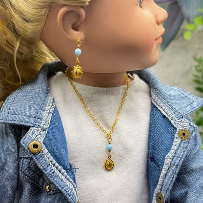 ✨ Handmade Doll Jewelry Designed to Fit popular 18 Inch Fashion Dolls: add a stylish touch to your favorite doll ✨

Light Blue Glass Gold Lady Bug Charm Doll Necklace & Matching Earrings Set