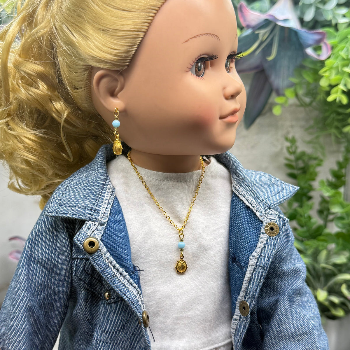 ✨ Handmade Doll Jewelry Designed to Fit popular 18 Inch Fashion Dolls: add a stylish touch to your favorite doll ✨

Light Blue Glass Gold Lady Bug Charm Doll Necklace & Matching Earrings Set