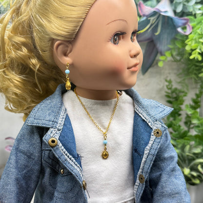 ✨ Handmade Doll Jewelry Designed to Fit popular 18 Inch Fashion Dolls: add a stylish touch to your favorite doll ✨

Light Blue Glass Gold Lady Bug Charm Doll Necklace & Matching Earrings Set