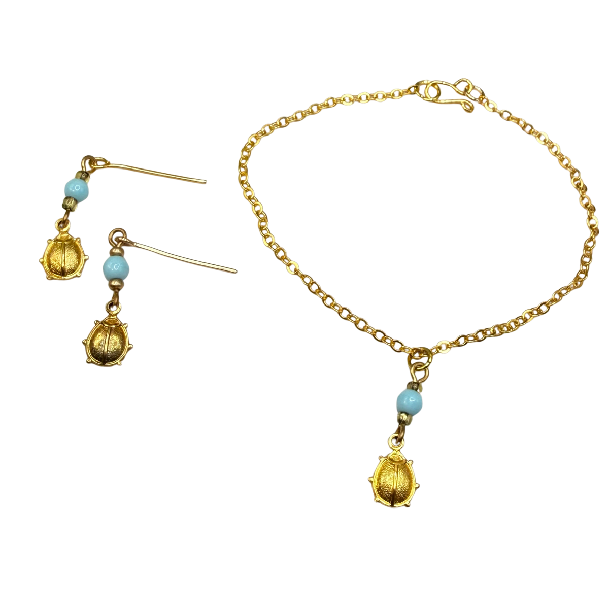 ✨ Handmade Doll Jewelry Designed to Fit popular 18 Inch Fashion Dolls: add a stylish touch to your favorite doll ✨

Light Blue Glass Gold Lady Bug Charm Doll Necklace & Matching Earrings Set