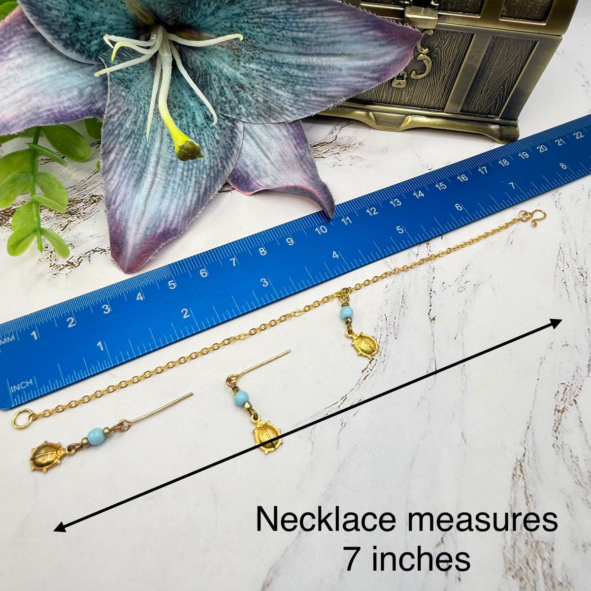 ✨ Handmade Doll Jewelry Designed to Fit popular 18 Inch Fashion Dolls: add a stylish touch to your favorite doll ✨

Light Blue Glass Gold Lady Bug Charm Doll Necklace & Matching Earrings Set