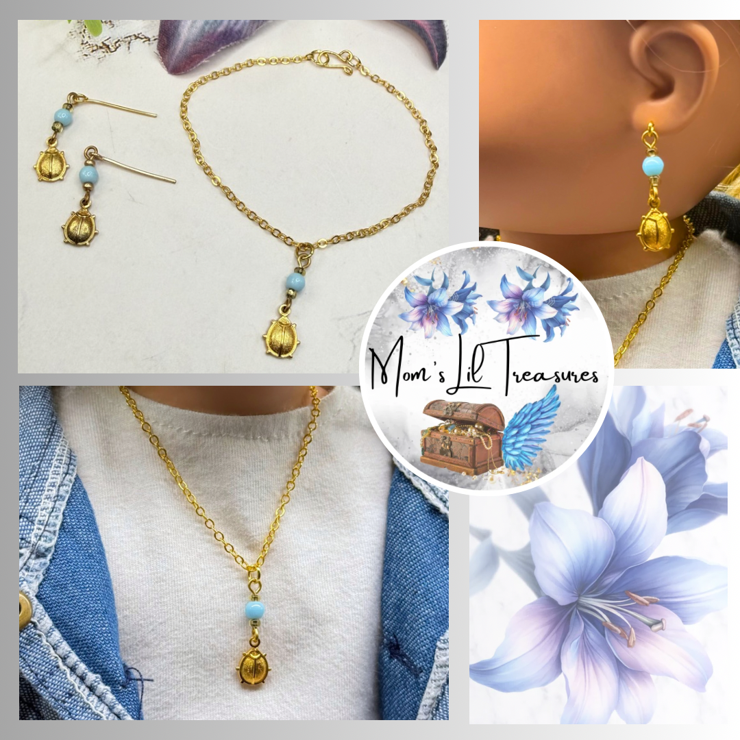 ✨ Handmade Doll Jewelry Designed to Fit popular 18 Inch Fashion Dolls: add a stylish touch to your favorite doll ✨

Light Blue Glass Gold Lady Bug Charm Doll Necklace & Matching Earrings Set