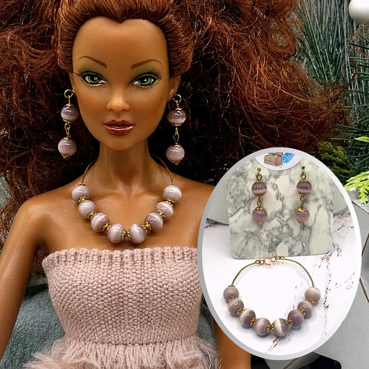 Light Dusty Purple Glass Bead Wire Doll Necklace Earring Set. Necklace and earrings shown on 16” Spellbound Valentina doll 