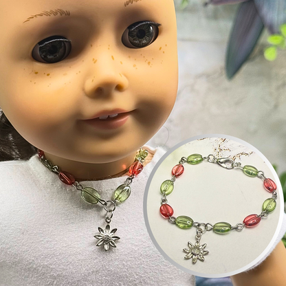 ✨ Handmade Doll Jewelry Designed to Fit popular 18 Inch Fashion Dolls: add a stylish touch to your favorite doll ✨

Light Green Pink Beaded Link Chain Silver Flower Charm Doll Necklace