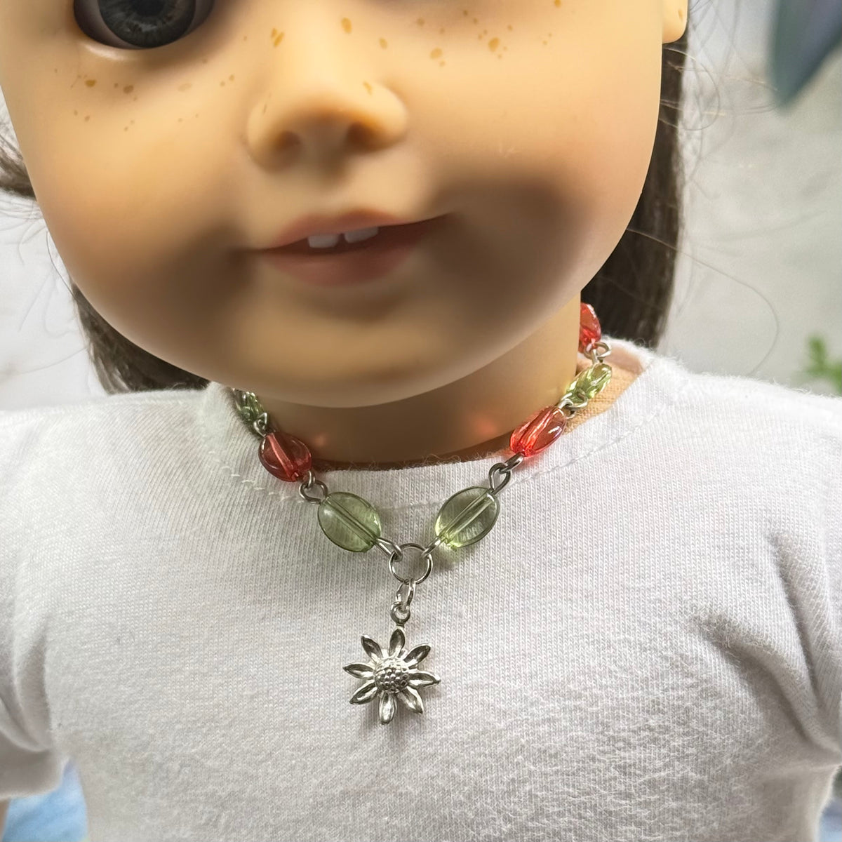✨ Handmade Doll Jewelry Designed to Fit popular 18 Inch Fashion Dolls: add a stylish touch to your favorite doll ✨

Light Green Pink Beaded Link Chain Silver Flower Charm Doll Necklace