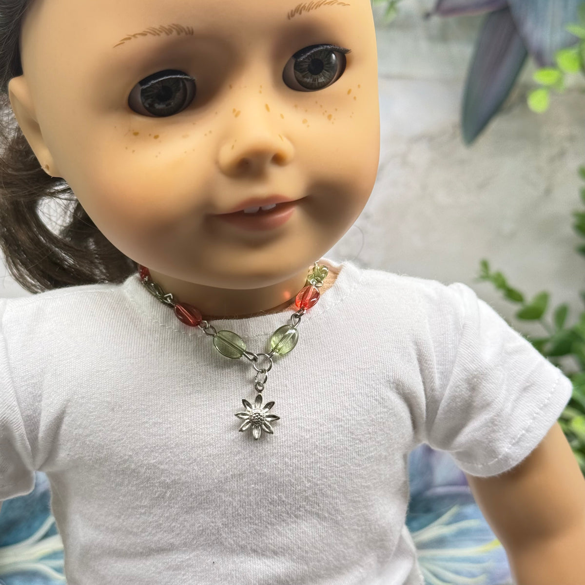 ✨ Handmade Doll Jewelry Designed to Fit popular 18 Inch Fashion Dolls: add a stylish touch to your favorite doll ✨

Light Green Pink Beaded Link Chain Silver Flower Charm Doll Necklace