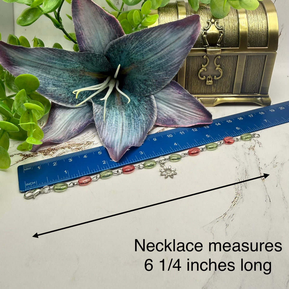 ✨ Handmade Doll Jewelry Designed to Fit popular 18 Inch Fashion Dolls: add a stylish touch to your favorite doll ✨

Light Green Pink Beaded Link Chain Silver Flower Charm Doll Necklace