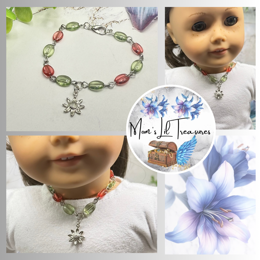 ✨ Handmade Doll Jewelry Designed to Fit popular 18 Inch Fashion Dolls: add a stylish touch to your favorite doll ✨

Light Green Pink Beaded Link Chain Silver Flower Charm Doll Necklace