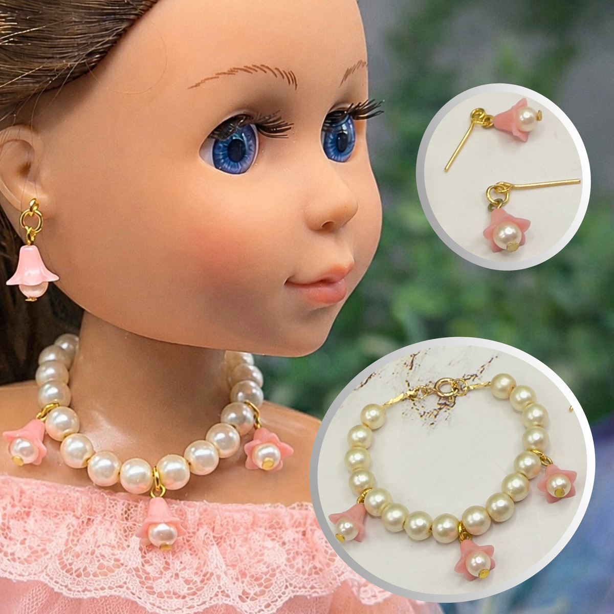 Light Pink Bell Flower Dangle Pearl Beaded Doll Necklace & Earrings •  Necklace measures 4.5 inches long  • Necklace and earrings shown on 14-inch Glitter Girl doll