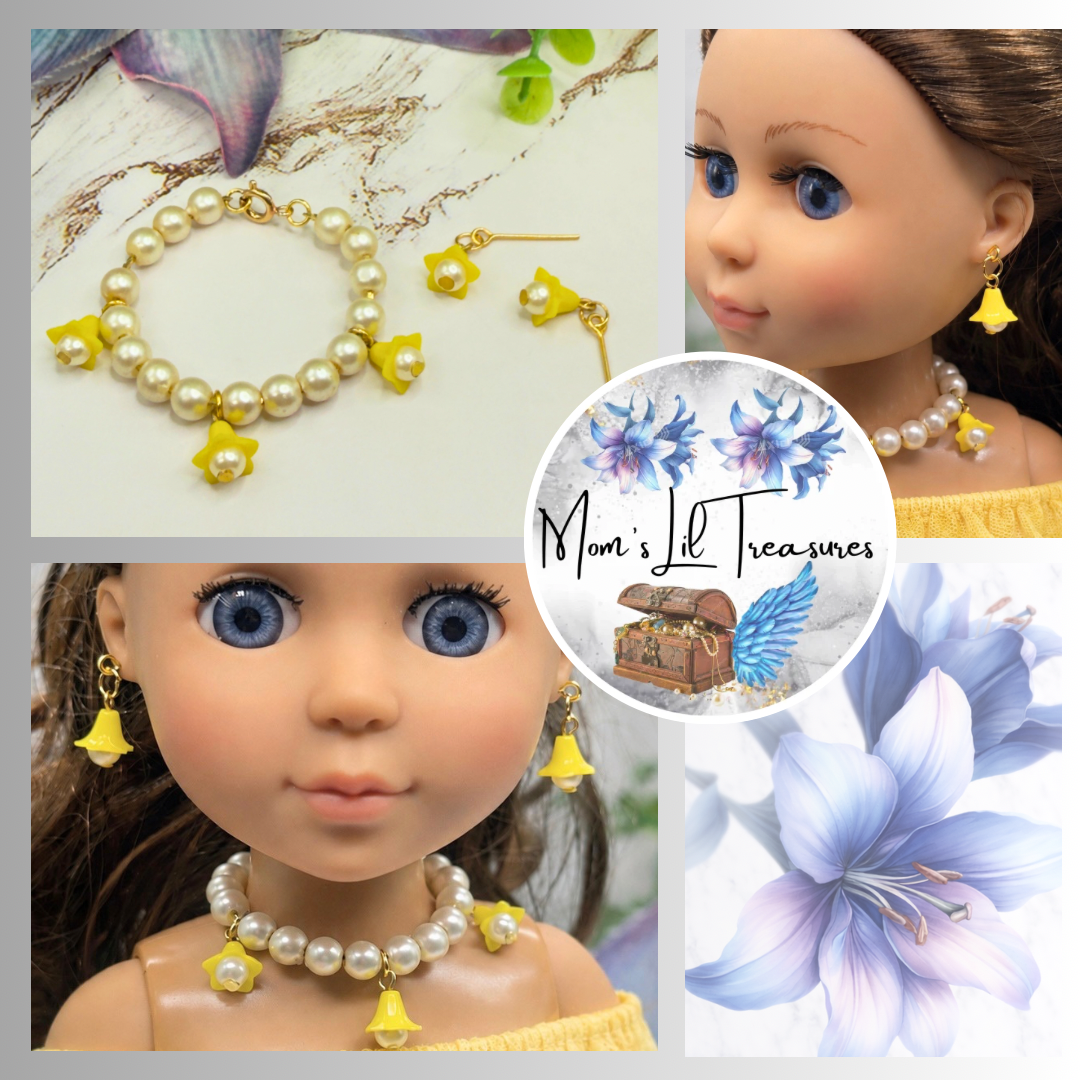 Light Yellow Bell Flower Dangle Pearl Beaded Doll Necklace & Earring Set • Necklace measures 4.5 inches long • Necklace and earrings shown on 14-inch Glitter Girl doll