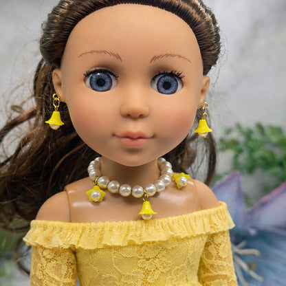 Light Yellow Bell Flower Dangle Pearl Beaded Doll Necklace & Earring Set • Necklace measures 4.5 inches long • Necklace and earrings shown on 14-inch Glitter Girl doll