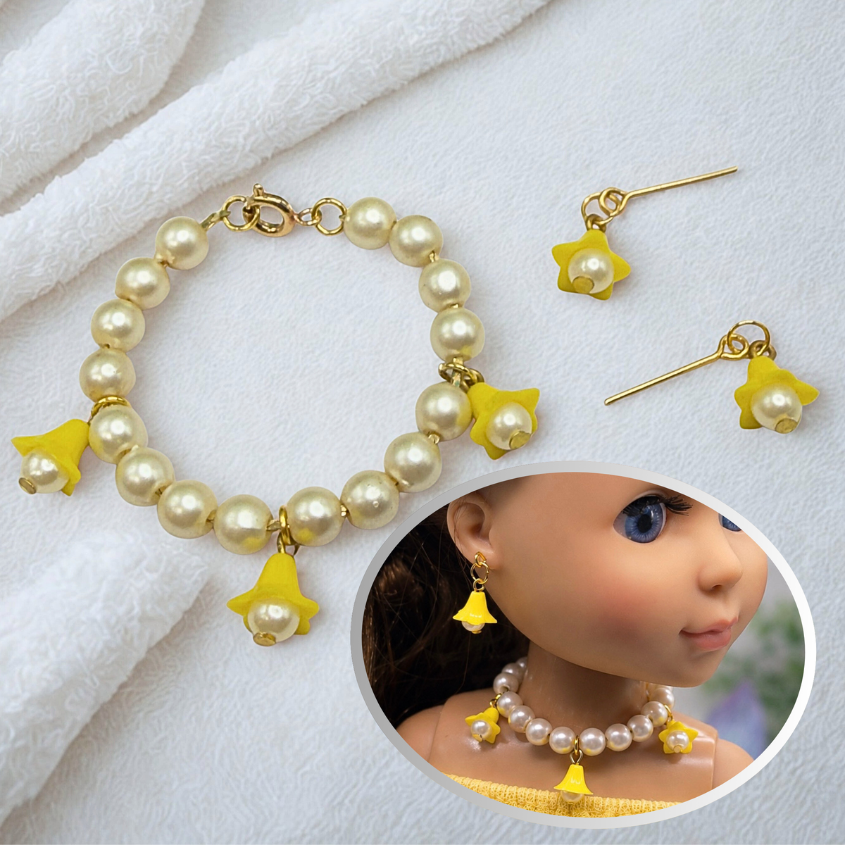 Light Yellow Bell Flower Dangle Pearl Beaded Doll Necklace & Earring Set • Necklace measures 4.5 inches long • Necklace and earrings shown on 14-inch Glitter Girl doll