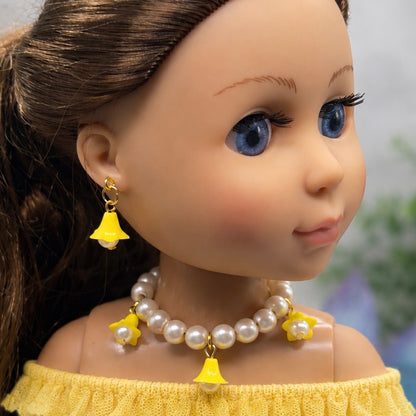 Light Yellow Bell Flower Dangle Pearl Beaded Doll Necklace & Earring Set • Necklace measures 4.5 inches long • Necklace and earrings shown on 14-inch Glitter Girl doll