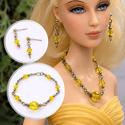 Light Yellow Glass Crystal Doll Necklace Earring Set. The necklace measures 4.5 inches long. Necklace and earrings shown on 16” Madame Alexander - Alex doll 