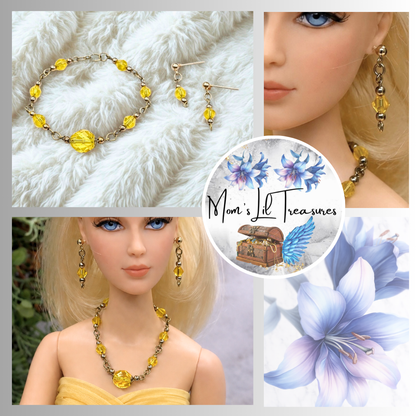 Light Yellow Glass Crystal Doll Necklace Earring Set. The necklace measures 4.5 inches long. Necklace and earrings shown on 16” Madame Alexander - Alex doll 