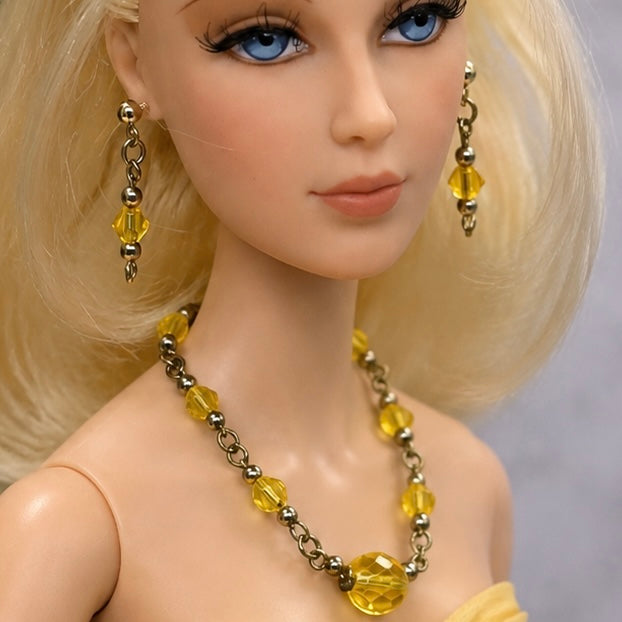 Light Yellow Glass Crystal Doll Necklace Earring Set. The necklace measures 4.5 inches long. Necklace and earrings shown on 16” Madame Alexander - Alex doll 