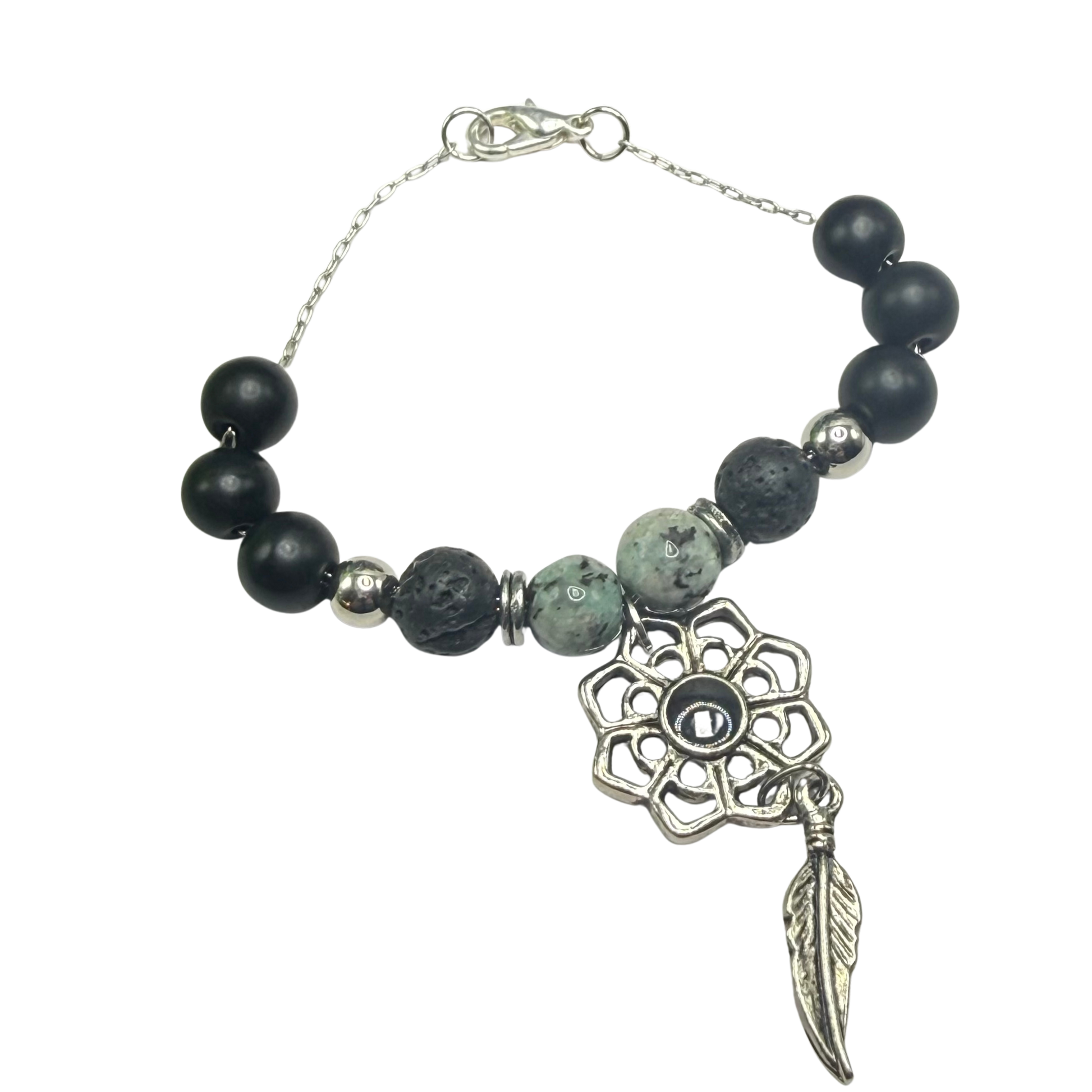 ✨Handmade Jewelry Designed to fit popular 17 to 20 cm (6 to 7 inch) Plushie Labubu Monster Dolls: add a stylish touch to your favorite plushie! ✨

Lotus Flower Pendant Feather Charm - Black Silver and Green Speckle Beaded Necklace