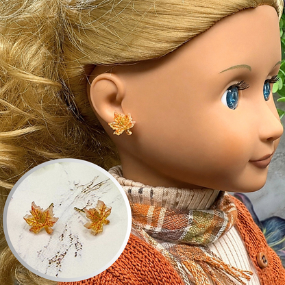 ✨Handmade Doll Jewelry Designed to Fit popular 18 Inch Fashion Dolls: add a “Festive Fall 🍁” stylish touch to your favorite doll!✨ Autumn Fall Maple Leaf Doll Earrings • earrings shown on 18" Our Generation doll.
