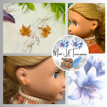 ✨Handmade Doll Jewelry Designed to Fit popular 18 Inch Fashion Dolls: add a “Festive Fall 🍁” stylish touch to your favorite doll!✨ Autumn Fall Maple Leaf Doll Earrings • earrings shown on 18" Our Generation doll.