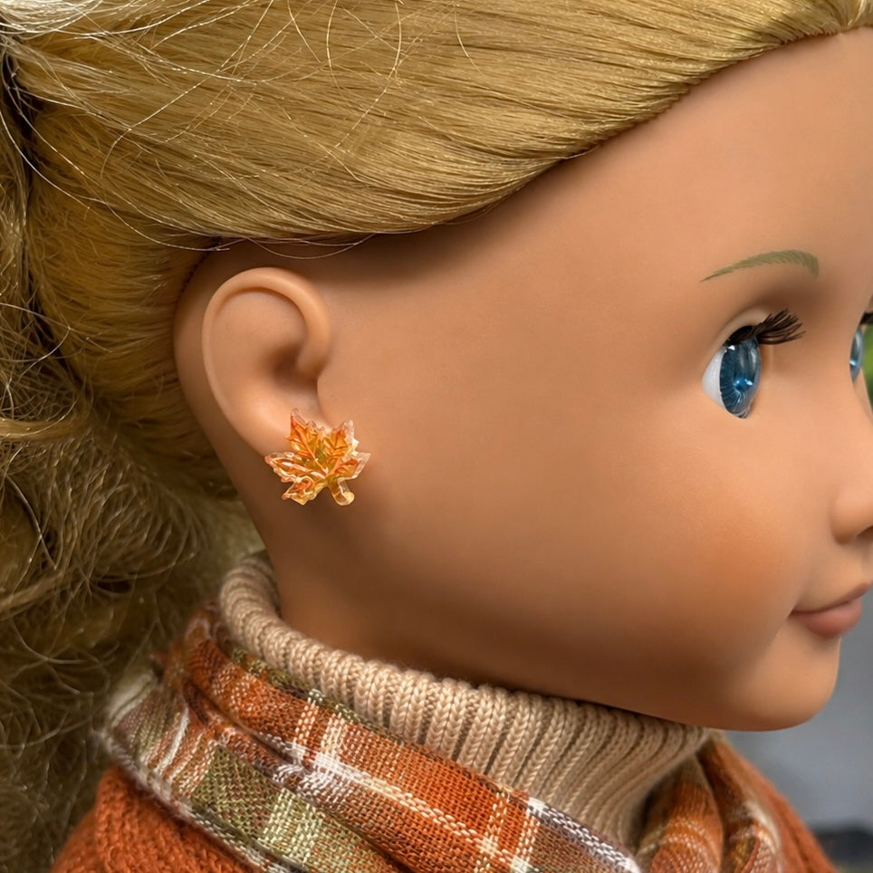 ✨Handmade Doll Jewelry Designed to Fit popular 18 Inch Fashion Dolls: add a “Festive Fall 🍁” stylish touch to your favorite doll!✨ Autumn Fall Maple Leaf Doll Earrings • earrings shown on 18" Our Generation doll.