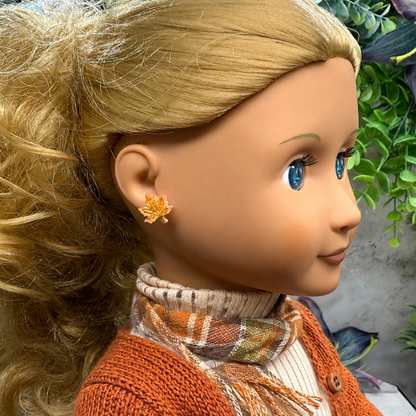 ✨Handmade Doll Jewelry Designed to Fit popular 18 Inch Fashion Dolls: add a “Festive Fall 🍁” stylish touch to your favorite doll!✨ Autumn Fall Maple Leaf Doll Earrings • earrings shown on 18" Our Generation doll.
