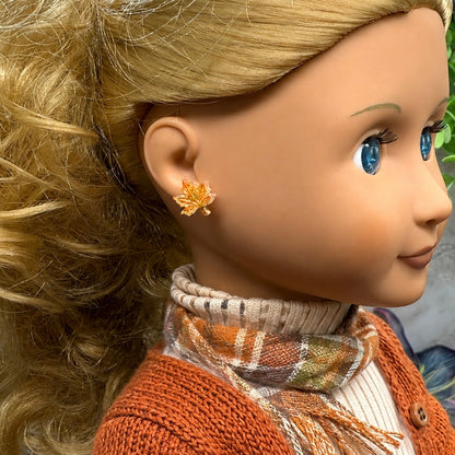 ✨Handmade Doll Jewelry Designed to Fit popular 18 Inch Fashion Dolls: add a “Festive Fall 🍁” stylish touch to your favorite doll!✨ Autumn Fall Maple Leaf Doll Earrings • earrings shown on 18" Our Generation doll.