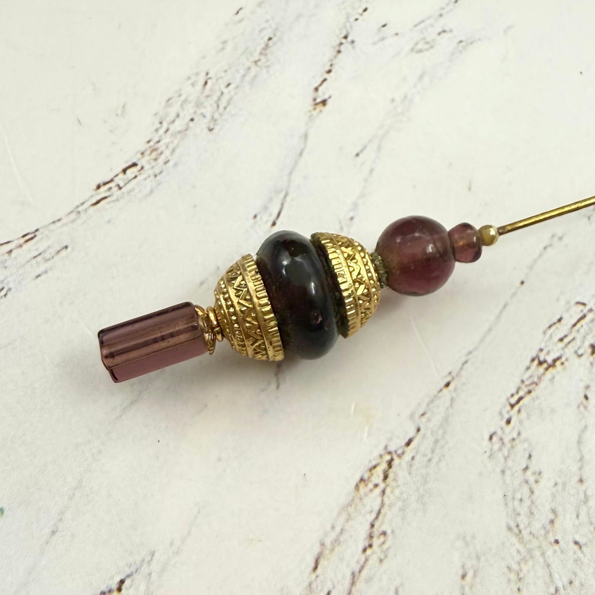 ✨ Handmade Vintage-Inspired Hatpin | Stick Pin | Hat Accessory | Sweater & Hijab Pin | Decorative Jewelry Gift for Her ✨

Multi-tiered Translucent Purple Glass and Gold Tone Dome Shape Accents Hatpin - 8 Inch