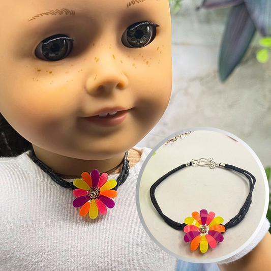 ✨Handmade Doll Jewelry Designed to Fit popular 18 Inch Fashion Dolls: add a little “Summer Fun ☀️” to your favorite doll!✨

Multi Color Neon Color Daisy Flower Charm Black Cord Doll Necklace