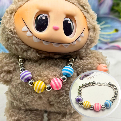 ✨Handmade Jewelry Designed to fit popular 17 to 20 cm (6 to 7 inch) Plush Labubu Monster Dolls: add a stylish touch to your favorite plushie! ✨

Multi Color Striped Bead Silver Ball Necklace