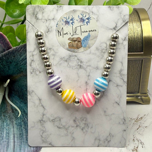 ✨Handmade Jewelry Designed to fit popular 17 to 20 cm (6 to 7 inch) Plush Labubu Monster Dolls: add a stylish touch to your favorite plushie! ✨

Multi Color Striped Bead Silver Ball Necklace
