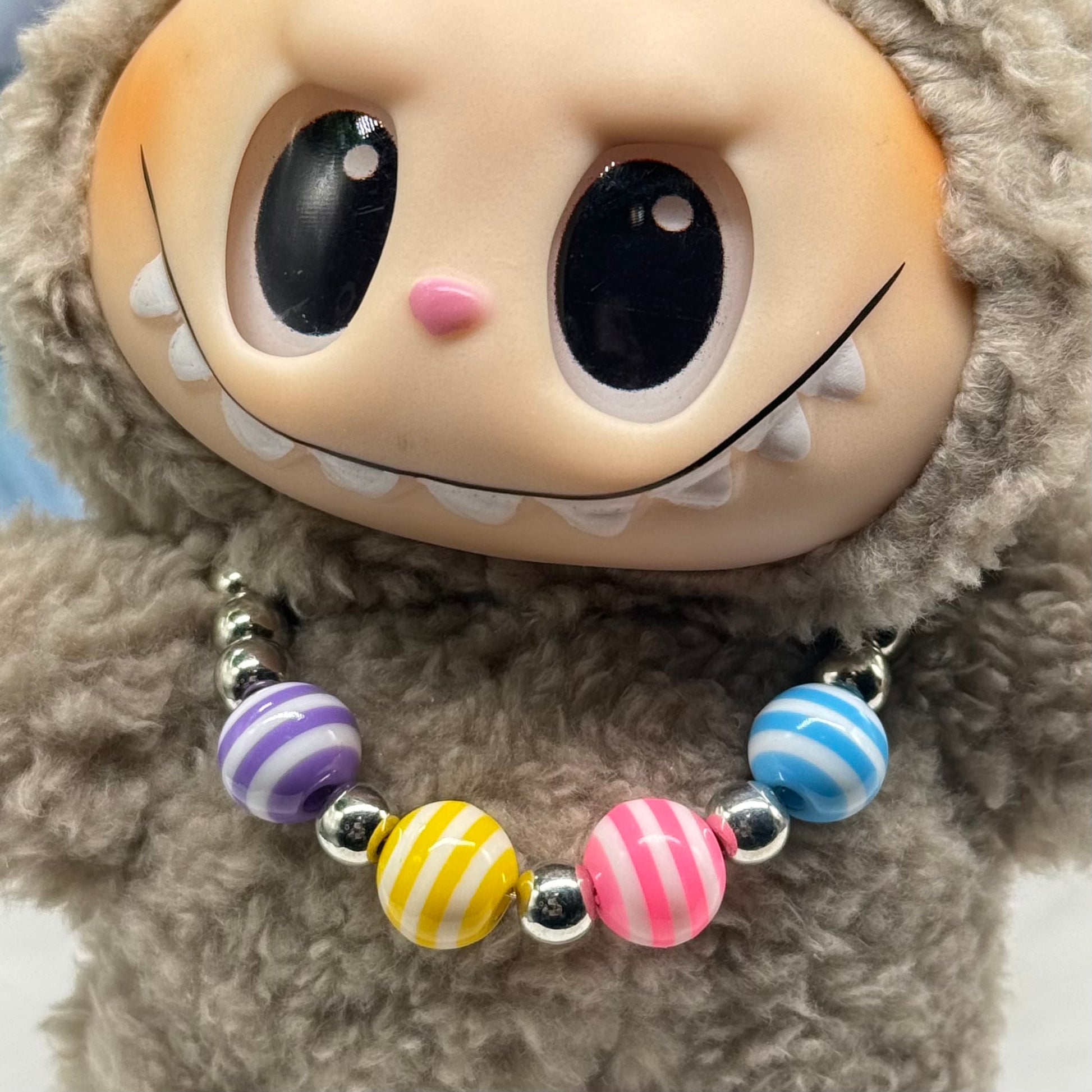 ✨Handmade Jewelry Designed to fit popular 17 to 20 cm (6 to 7 inch) Plush Labubu Monster Dolls: add a stylish touch to your favorite plushie! ✨

Multi Color Striped Bead Silver Ball Necklace