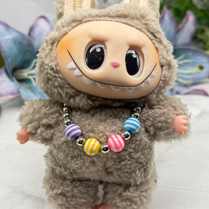 ✨Handmade Jewelry Designed to fit popular 17 to 20 cm (6 to 7 inch) Plush Labubu Monster Dolls: add a stylish touch to your favorite plushie! ✨

Multi Color Striped Bead Silver Ball Necklace