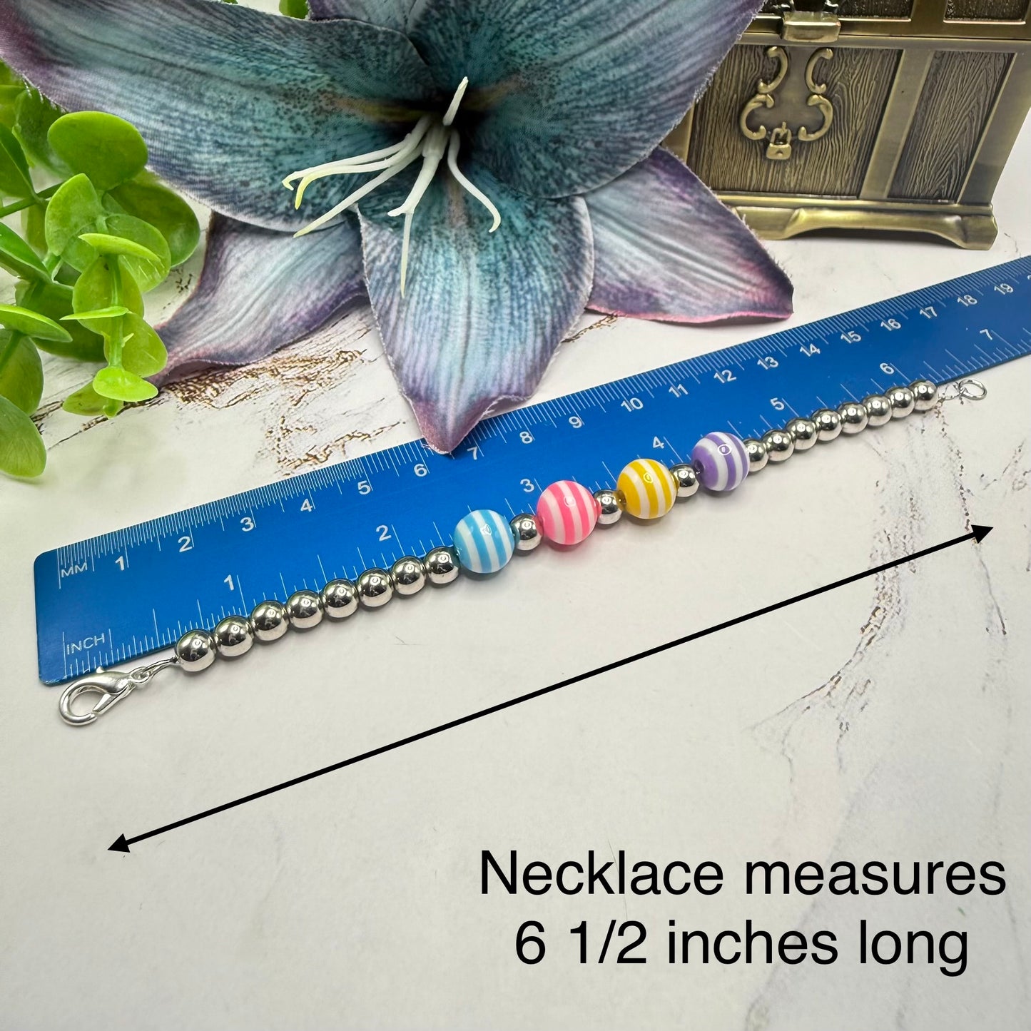 ✨Handmade Jewelry Designed to fit popular 17 to 20 cm (6 to 7 inch) Plush Labubu Monster Dolls: add a stylish touch to your favorite plushie! ✨

Multi Color Striped Bead Silver Ball Necklace