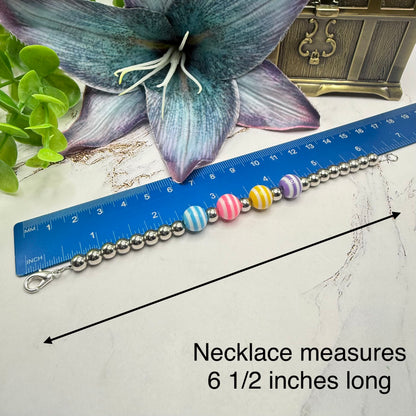 ✨Handmade Jewelry Designed to fit popular 17 to 20 cm (6 to 7 inch) Plush Labubu Monster Dolls: add a stylish touch to your favorite plushie! ✨

Multi Color Striped Bead Silver Ball Necklace