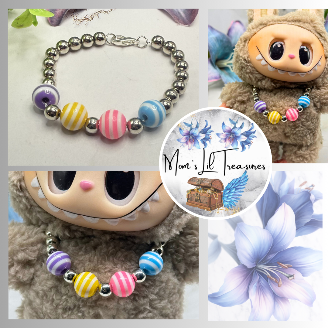 ✨Handmade Jewelry Designed to fit popular 17 to 20 cm (6 to 7 inch) Plush Labubu Monster Dolls: add a stylish touch to your favorite plushie! ✨

Multi Color Striped Bead Silver Ball Necklace