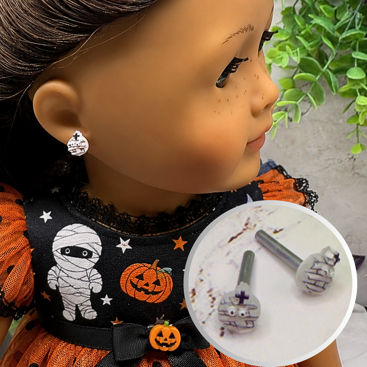 Handmade Post Doll Earrings (Only fit 2mm drilled pierced ears) Designed to Fit popular 18 Inch Fashion Dolls: add some “Spooky Halloween 🎃” style to your favorite doll! Cute Halloween mummy post stud doll earrings • 2mm silver post.
