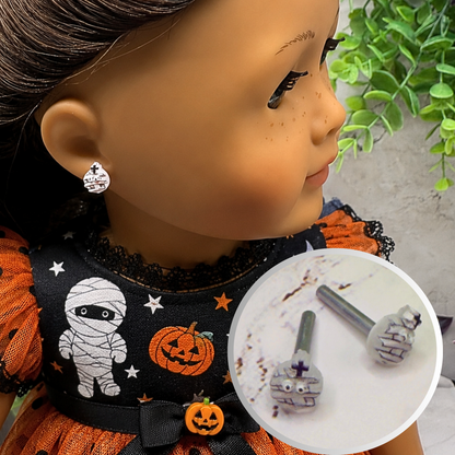 Handmade Post Doll Earrings (Only fit 2mm drilled pierced ears) Designed to Fit popular 18 Inch Fashion Dolls: add some “Spooky Halloween 🎃” style to your favorite doll! Cute Halloween mummy post stud doll earrings • 2mm silver post.