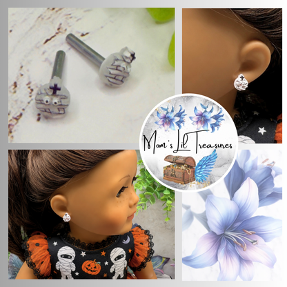 Handmade Post Doll Earrings (Only fit 2mm drilled pierced ears) Designed to Fit popular 18 Inch Fashion Dolls: add some “Spooky Halloween 🎃” style to your favorite doll! Cute Halloween mummy post stud doll earrings • 2mm silver post.