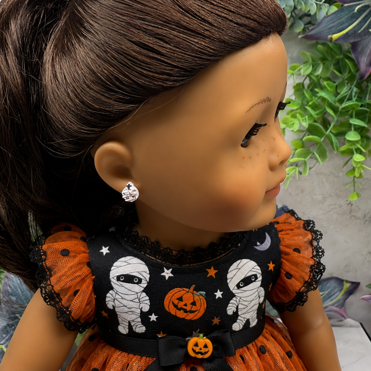 Handmade Post Doll Earrings (Only fit 2mm drilled pierced ears) Designed to Fit popular 18 Inch Fashion Dolls: add some “Spooky Halloween 🎃” style to your favorite doll! Cute Halloween mummy post stud doll earrings • 2mm silver post.