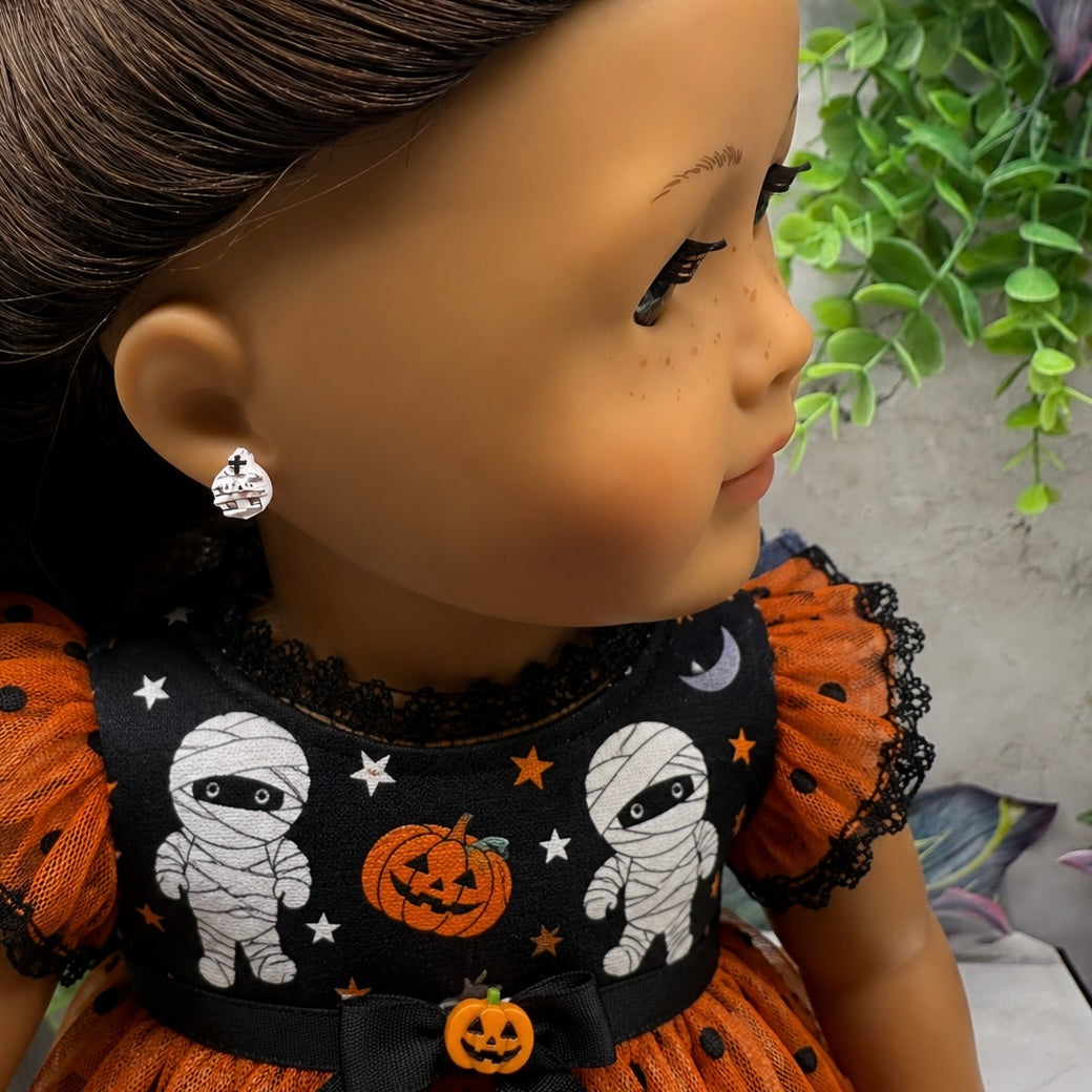 Handmade Post Doll Earrings (Only fit 2mm drilled pierced ears) Designed to Fit popular 18 Inch Fashion Dolls: add some “Spooky Halloween 🎃” style to your favorite doll! Cute Halloween mummy post stud doll earrings • 2mm silver post.